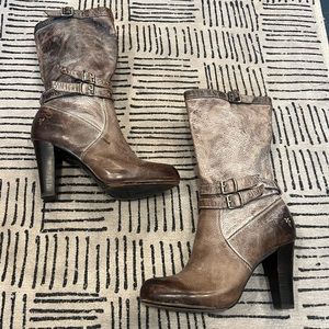 Frye Miranda Slouch Heeled Calf Boots - Distressed Taupe Leather - Size 7M